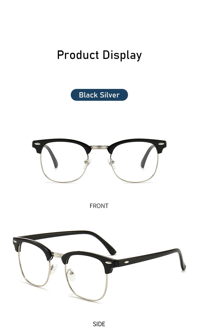 Gafas clásicas vintage negro y plata, mostradas de frente y perfil.