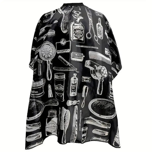 Black professional hair cutting and styling apron with various tools displayed on the fabric.