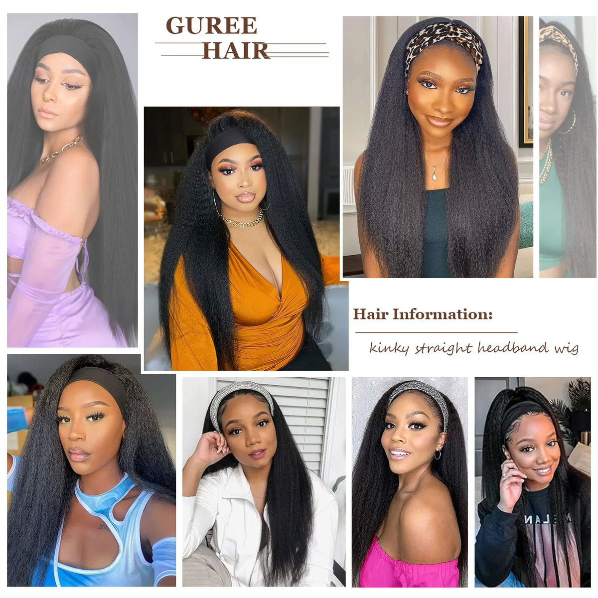 A collection of straight synthetic headband wigs shown on models with various hair colors and styles.
