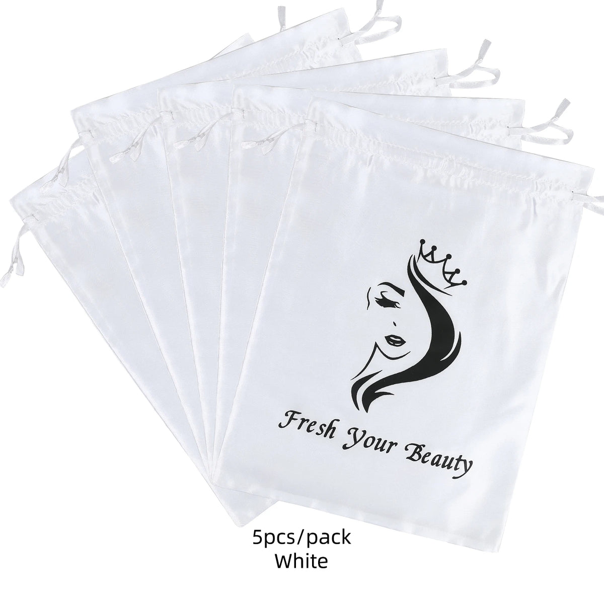 Five white satin drawstring bags for storing wig and hair extensions
