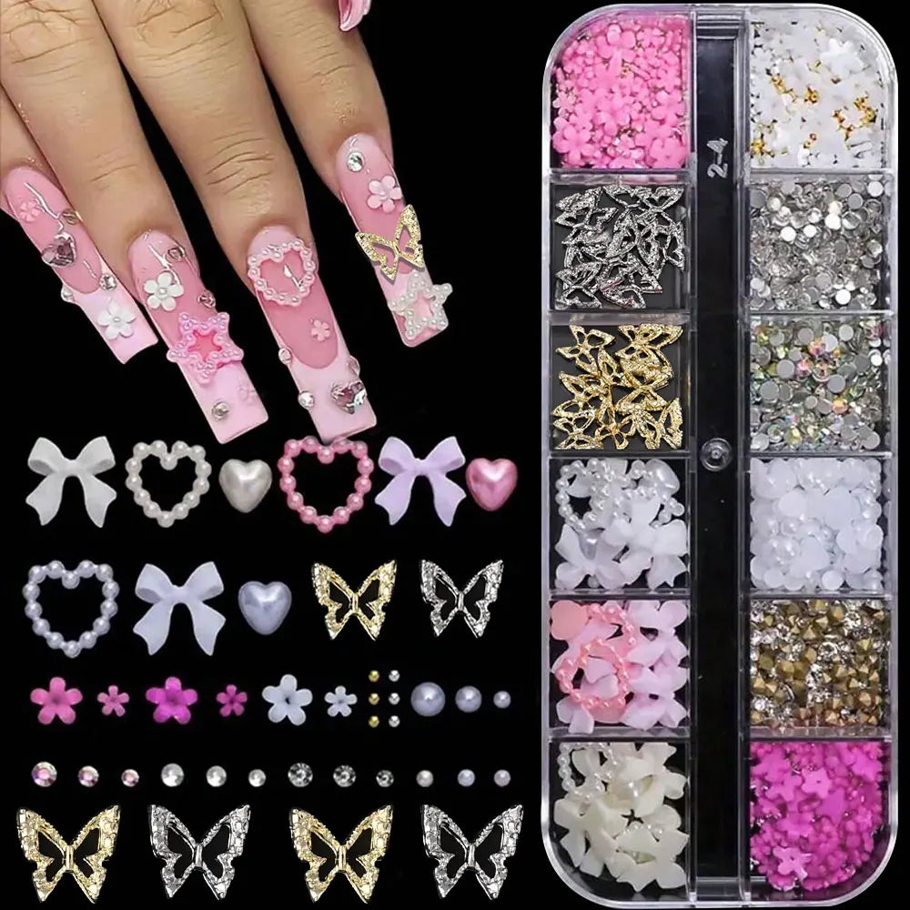 A collection of pink and white butterfly bow nail charms, including various shapes and glitter finishes.
