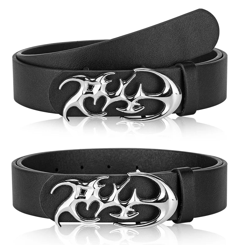 Black leather belt with a silver geometric alloy buckle for men