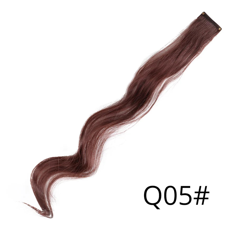A long, dark brown synthetic hair extension is shown, laid out for viewing.