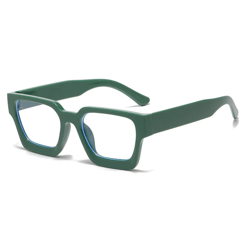 A pair of square anti-blue light computer glasses in a dark olive green color.