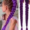 Purple braided hair ponytail with tinsel extensions shown on a person's head and as a separate hair extension