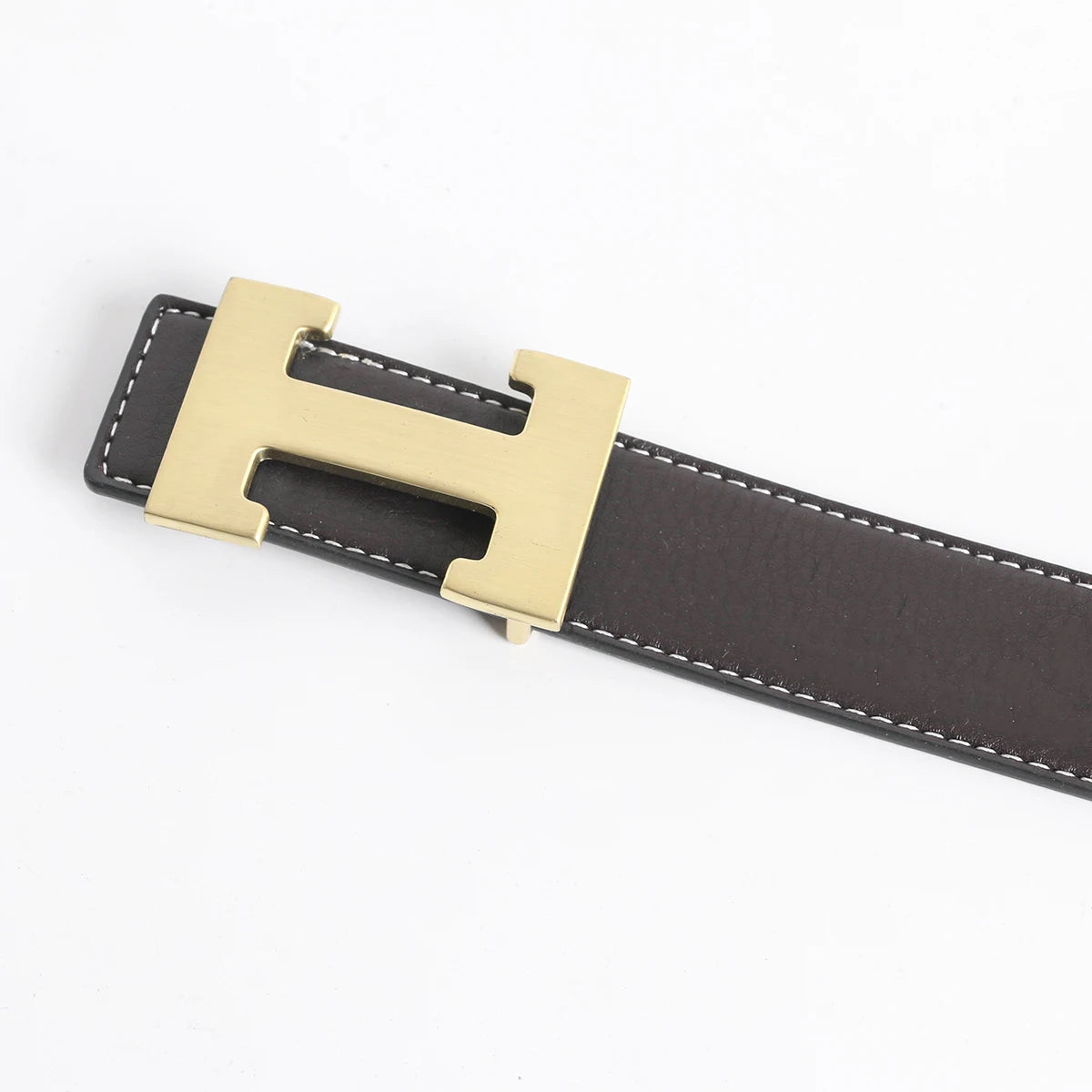 A brown leather dress belt with a gold-toned buckle and black stitching.