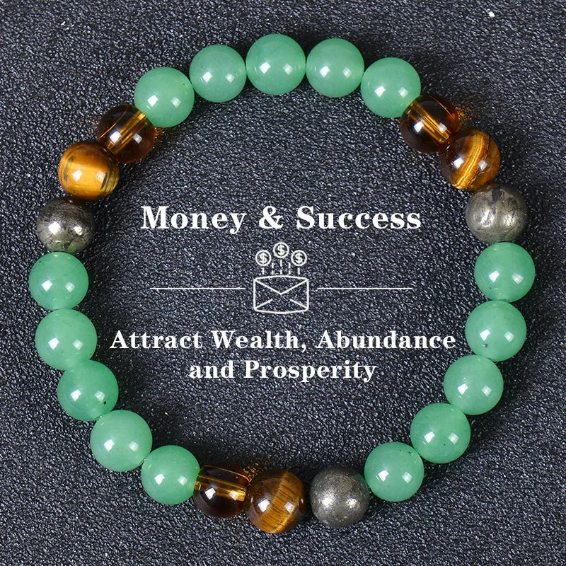 Tiger eye crystal bracelet featuring green and amber beads for attracting wealth, abundance, and prosperity