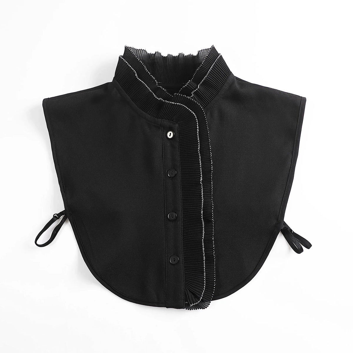 Black blouse with a fashionable false collar and a button-down front.