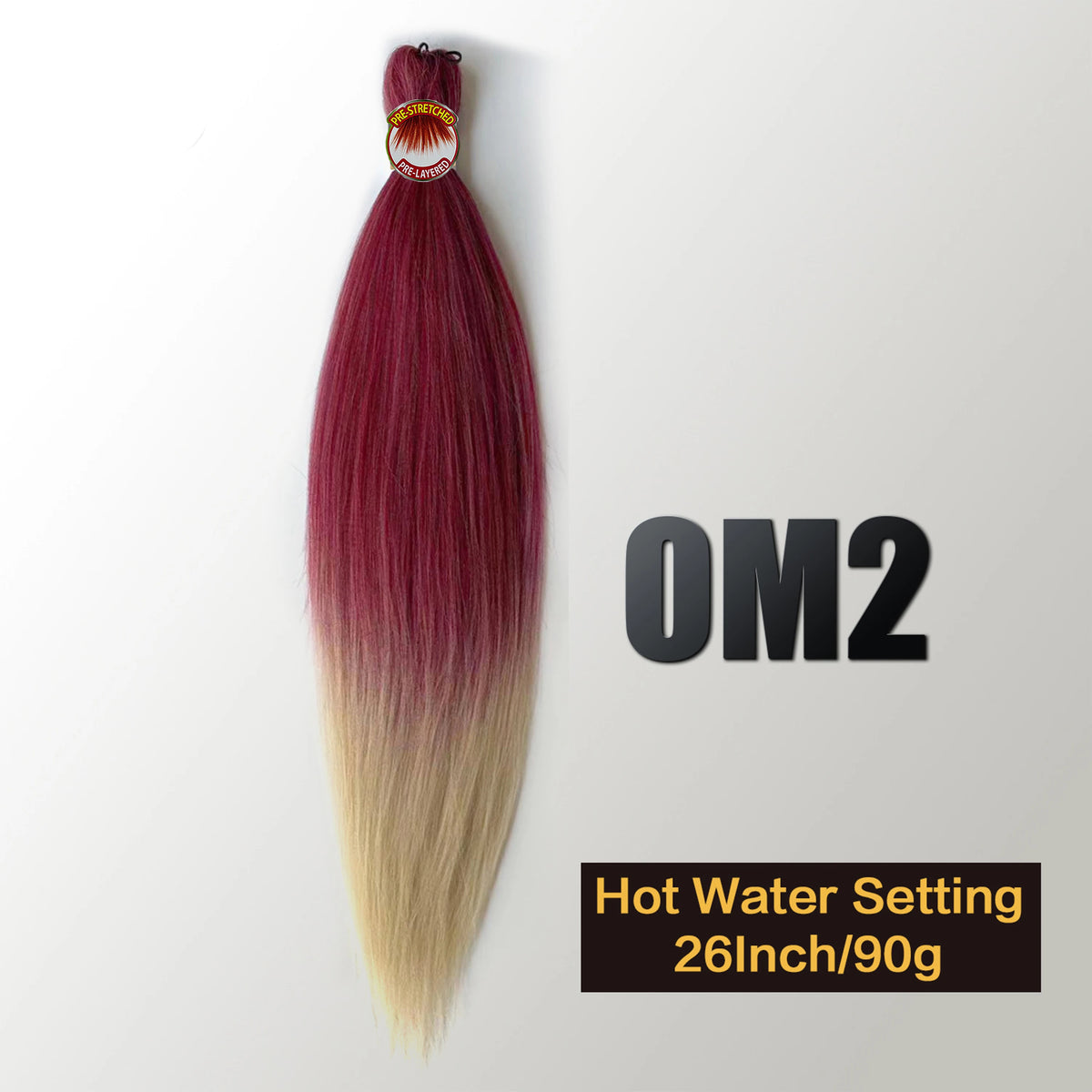 A long, reddish-pink and blonde pre-stretched Kanekalon braiding hair extension with a metal clip.