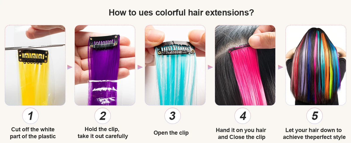 Cinq étapes pour utiliser des extensions de cheveux colorées : couper, tenir la pince, ouvrir la pince, appliquer sur les che