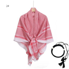 Pink and white checkered tactical shemagh scarf tied around the neck with an agal rope