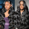 Close-up photo of a woman modeling a black Peruvian Body Wave HD Lace Front Wig with long, wavy hair.
