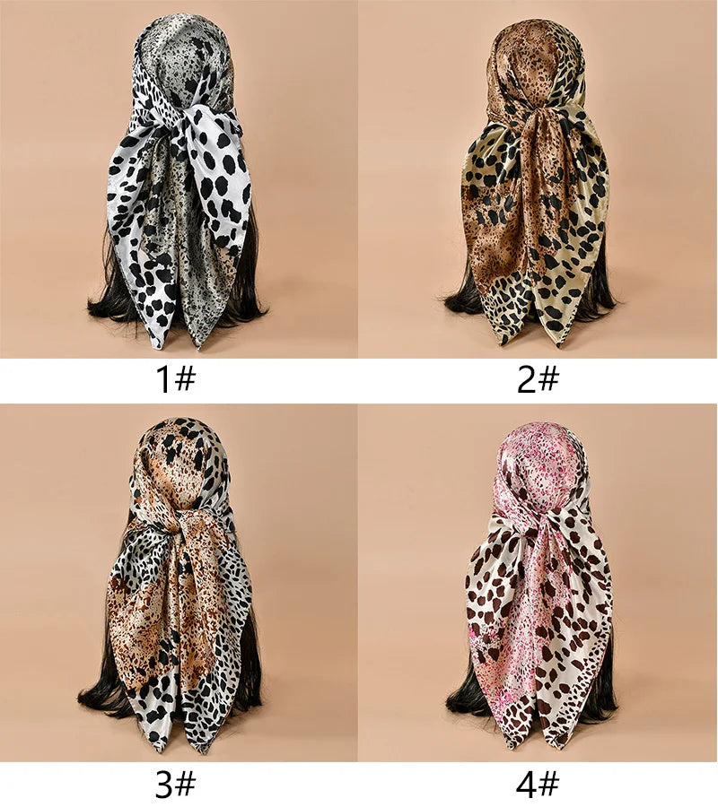 Four variations of a leopard print square satin scarf shown in different patterns and folds.
