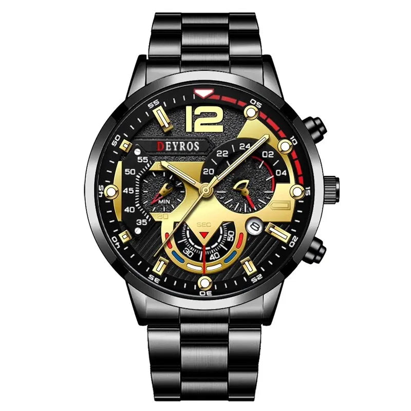 A black stainless steel watch with a gold-toned dial and black bezel displaying the time.