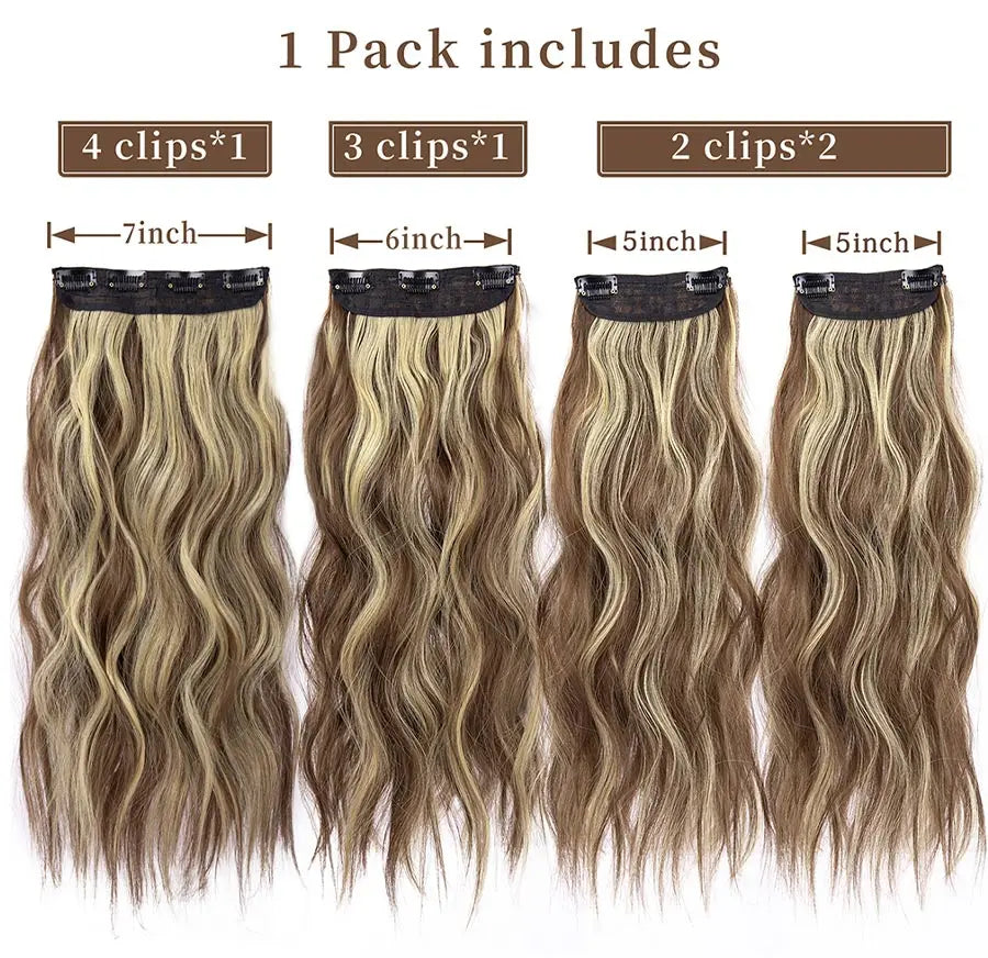 A set of five synthetic ombre hair clips in various lengths and shades, including 4, 3, and 2 clips.