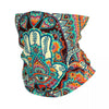 A colorful bohemian hamsa hand bandana neck gaiter featuring intricate paisley and floral patterns.