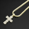 A gold-toned necklace featuring a sparkling rhinestone cross pendant on a delicate chain.