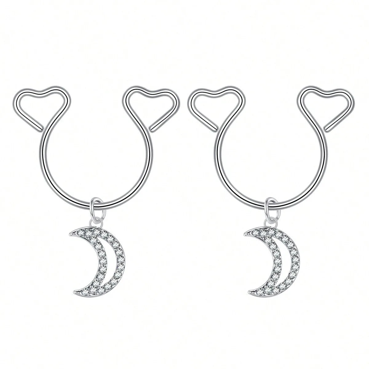 A pair of silver heart dangle non-piercing nipple rings adorned with cubic zirconia stones.