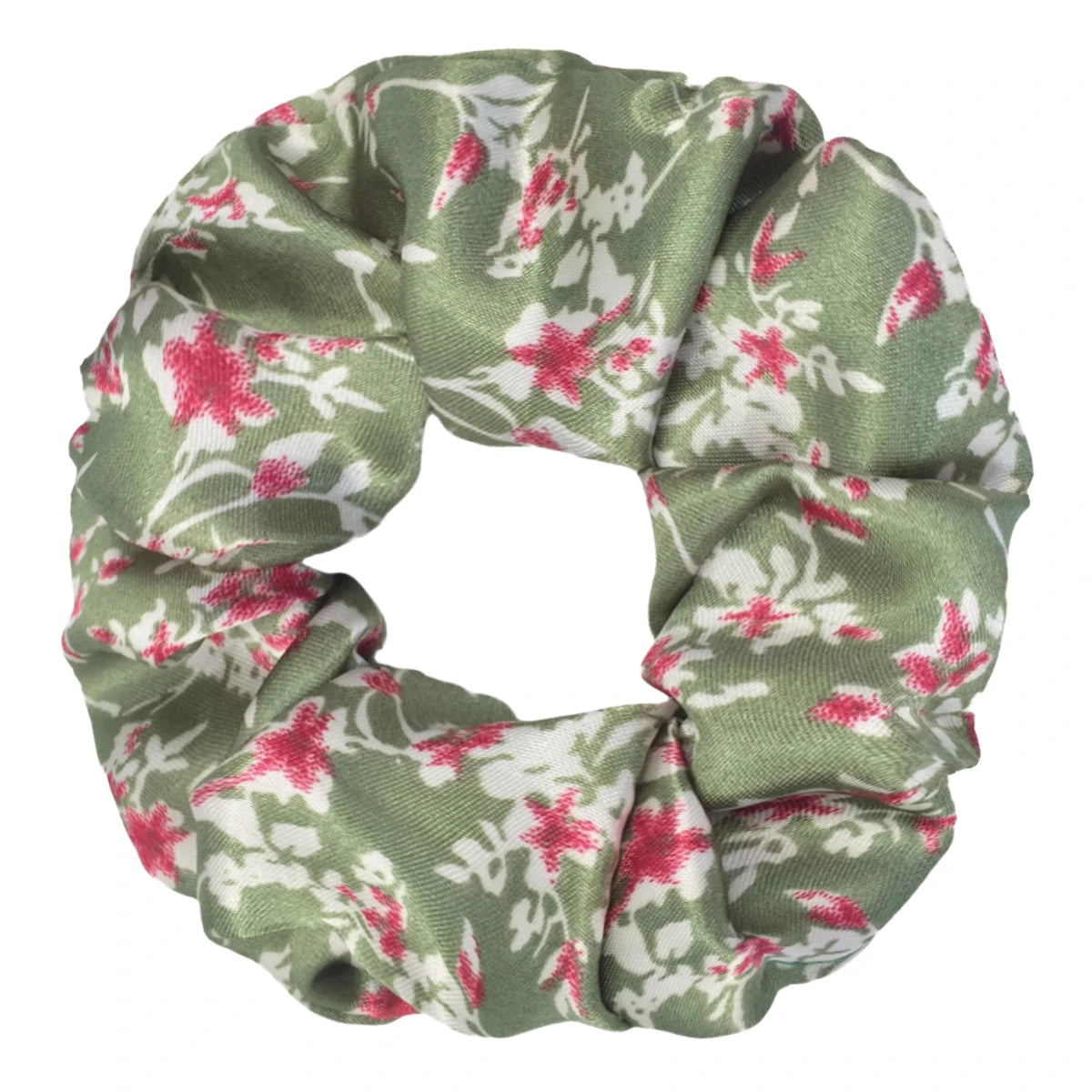 Un set de seis gomas de tela satinada con estampado floral de flores rosas y blancas en tonos verdes.