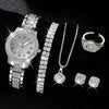 Set eleganter Quarz-Kristall-Armbanduhren und Schmuck für Damen auf schwarzem Hintergrund