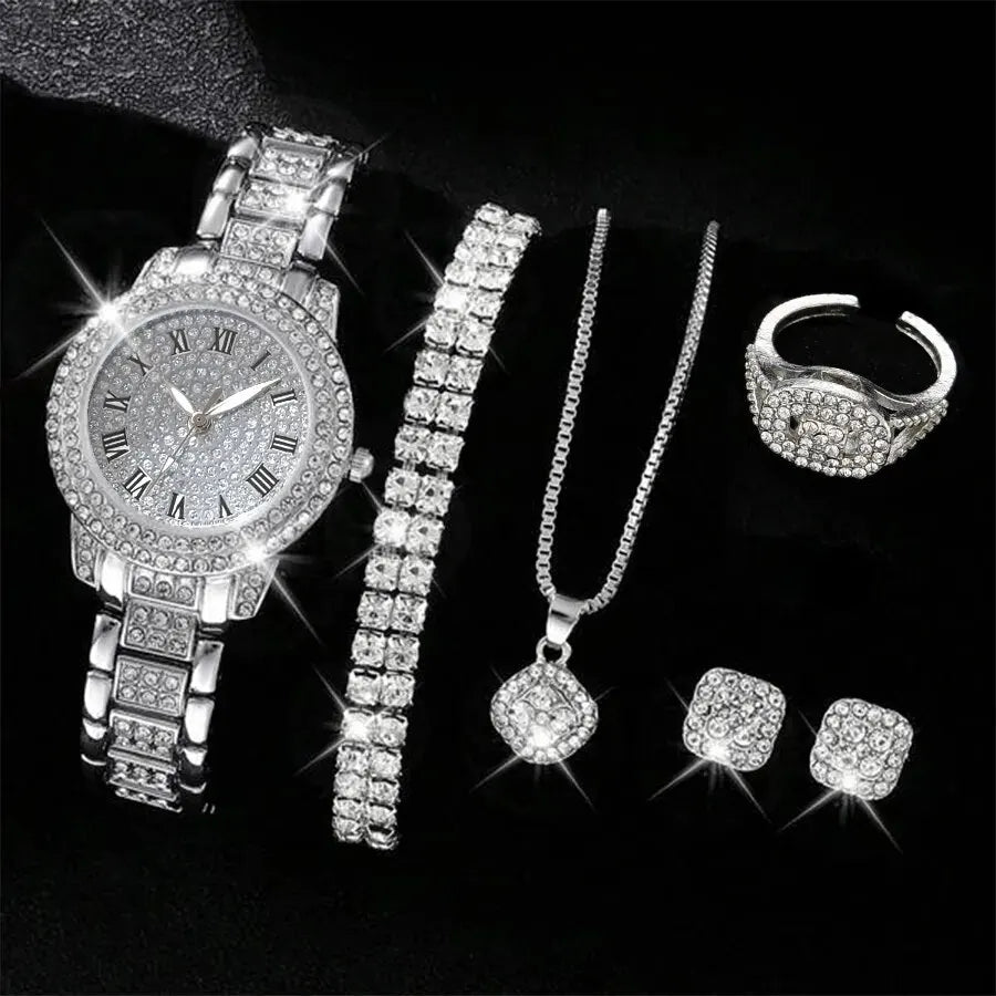 Set eleganter Quarz-Kristall-Armbanduhren und Schmuck für Damen auf schwarzem Hintergrund
