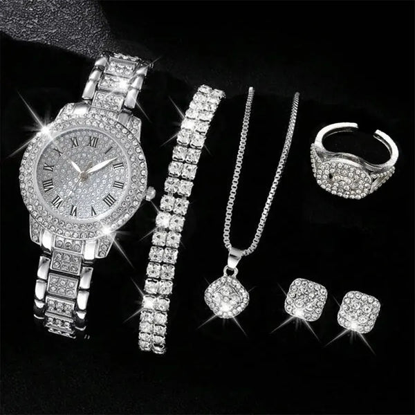 A set of elegant quartz crystal women's wristwatches and jewelry displayed on a black background.