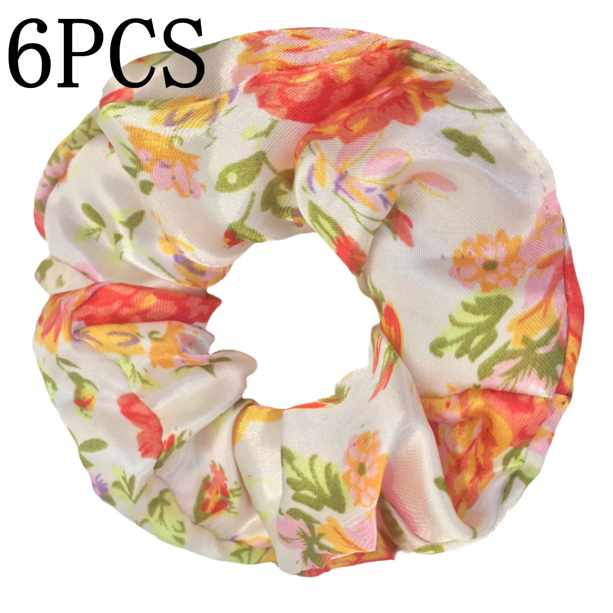 Un juego de seis gomas de tela con estampado floral de satén para el cabello en varios tonos de rosa, naranja y verde.