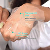 A hand is applying a transparent lace and an HD lace product to the skin for a wig.
