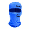 Una máscara facial de balaclava azul brillante con la palabra Shiesty en la frente y símbolos negros goteando debajo.