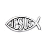 Broche en émail argentée en forme de poisson avec le mot JÉSUS gravé