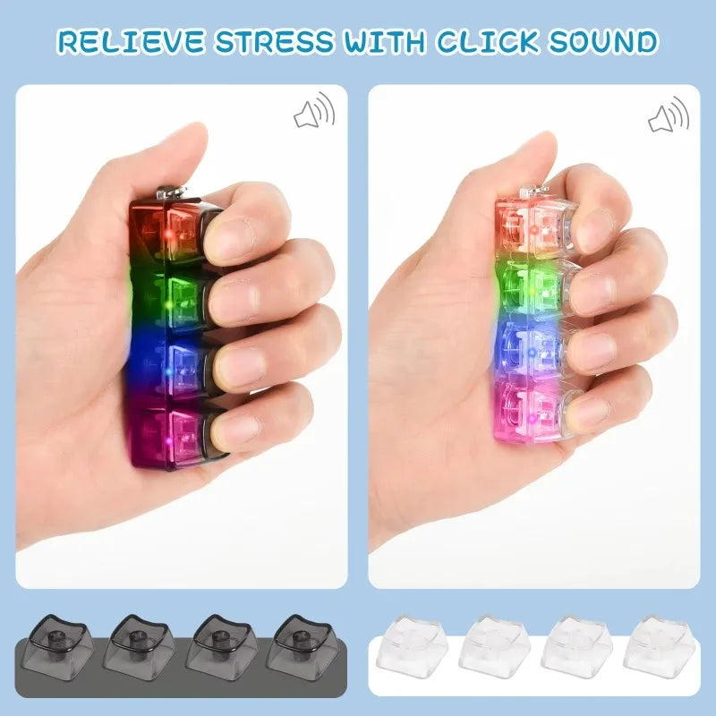A hand holds a colorful, translucent LED fidget keychain with multiple colored sections.