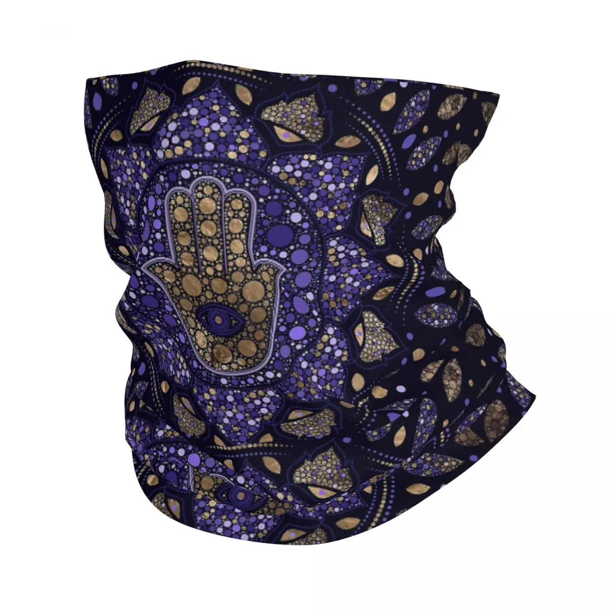 A dark purple and gold patterned bandana neck gaiter featuring a stylized hamsa hand design.
