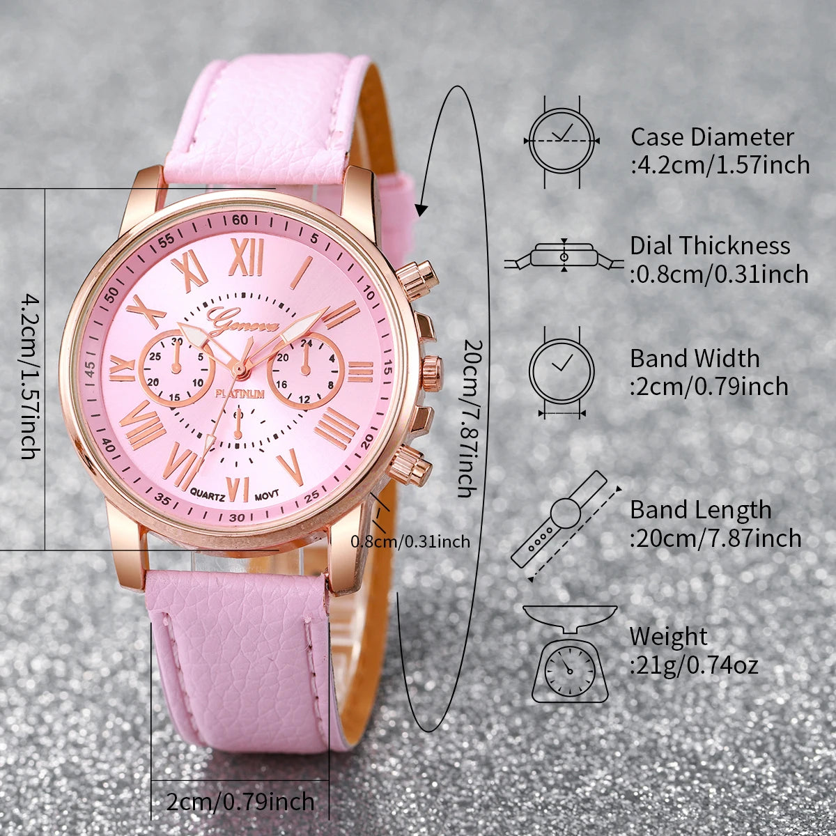 A pink fashion quartz wristwatch with a rose gold tone and a light pink leather strap shown with detailed dimensions.