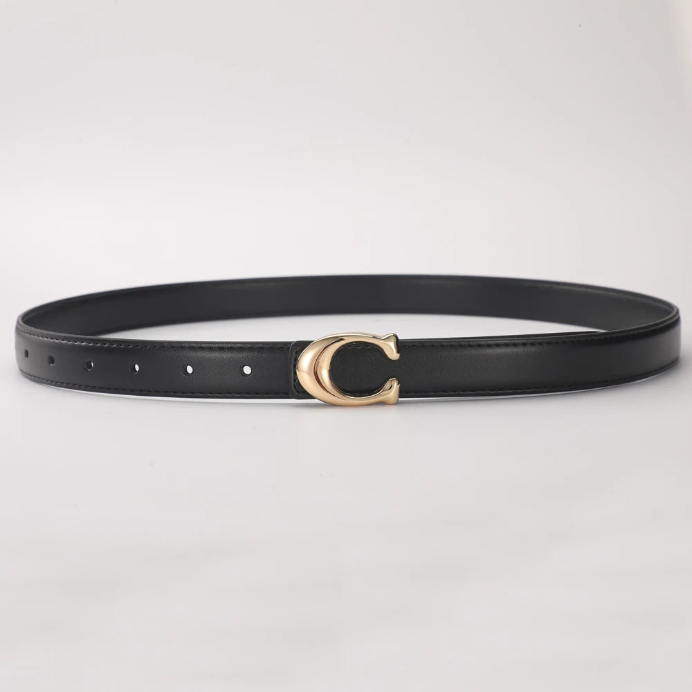 Black smooth double-sided belt with a gold C-shaped buckle.