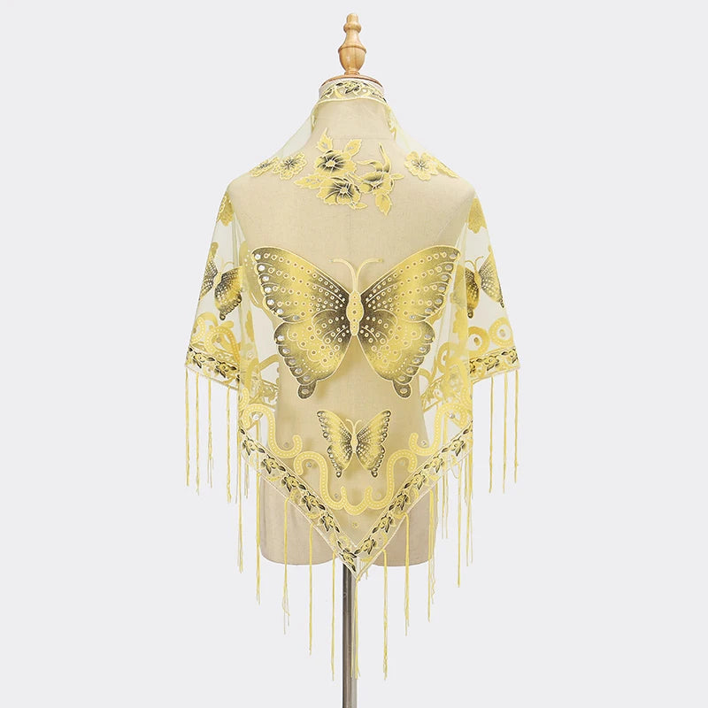 Elegant printed butterfly lace scarf shawl in pale yellow with gold embroidery and fringe