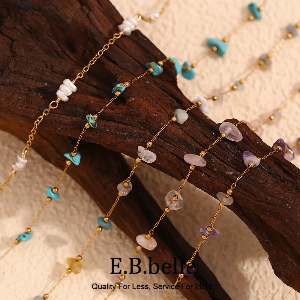 Gold plated foot chains featuring various crushed stone beads in shades of blue, purple, and white