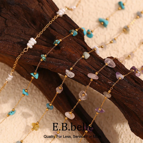 Gold plated foot chains featuring various crushed stone beads in shades of blue, purple, and white