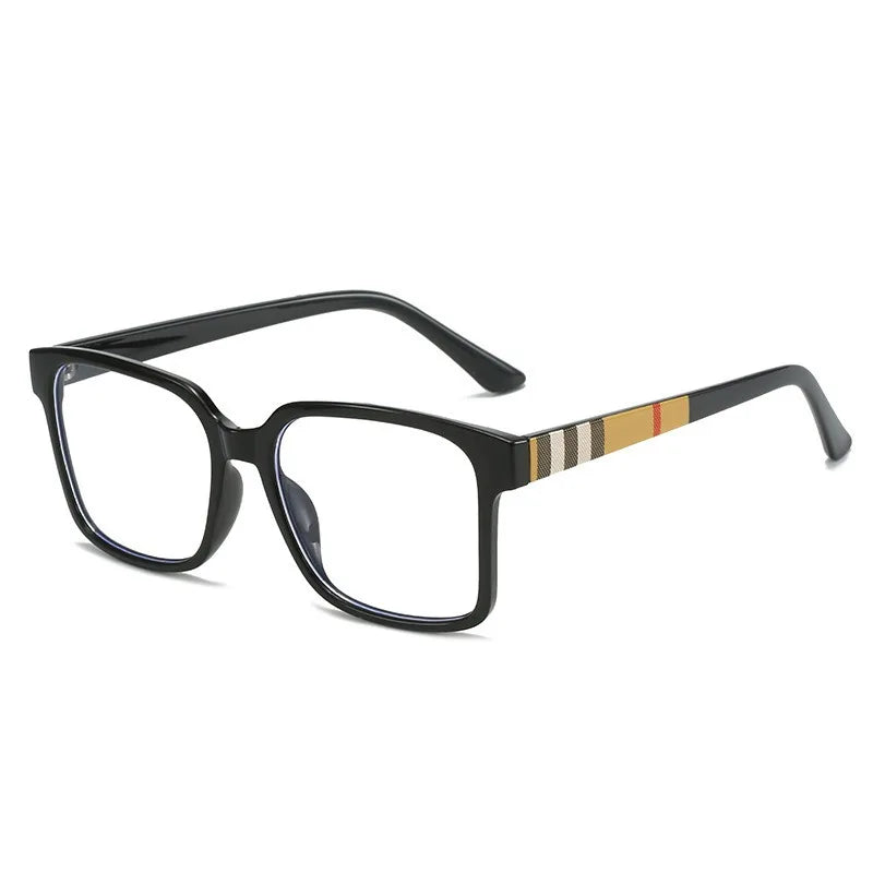 Black rectangular eyeglasses with tortoiseshell patterned temples and thin frames.