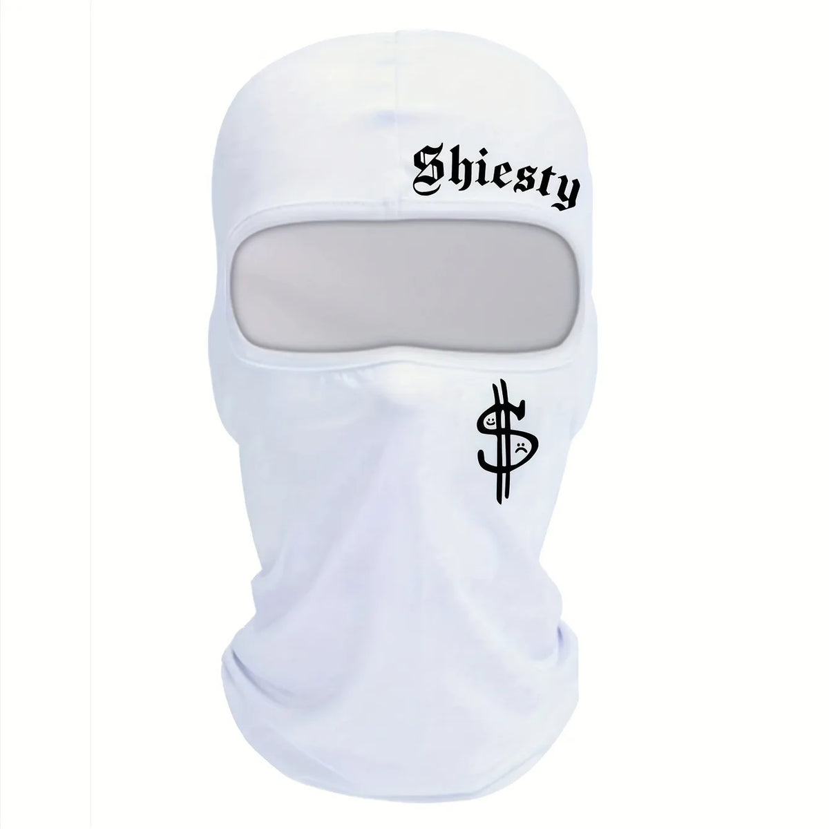 White windproof dustproof ski mask and neck cover with the word Shisty and a dollar sign design printed on it