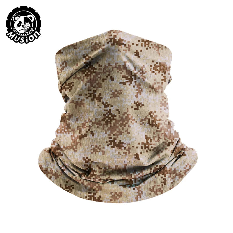 A beige and brown camouflage bandana or scarf for a motorcycle or outdoor mask.