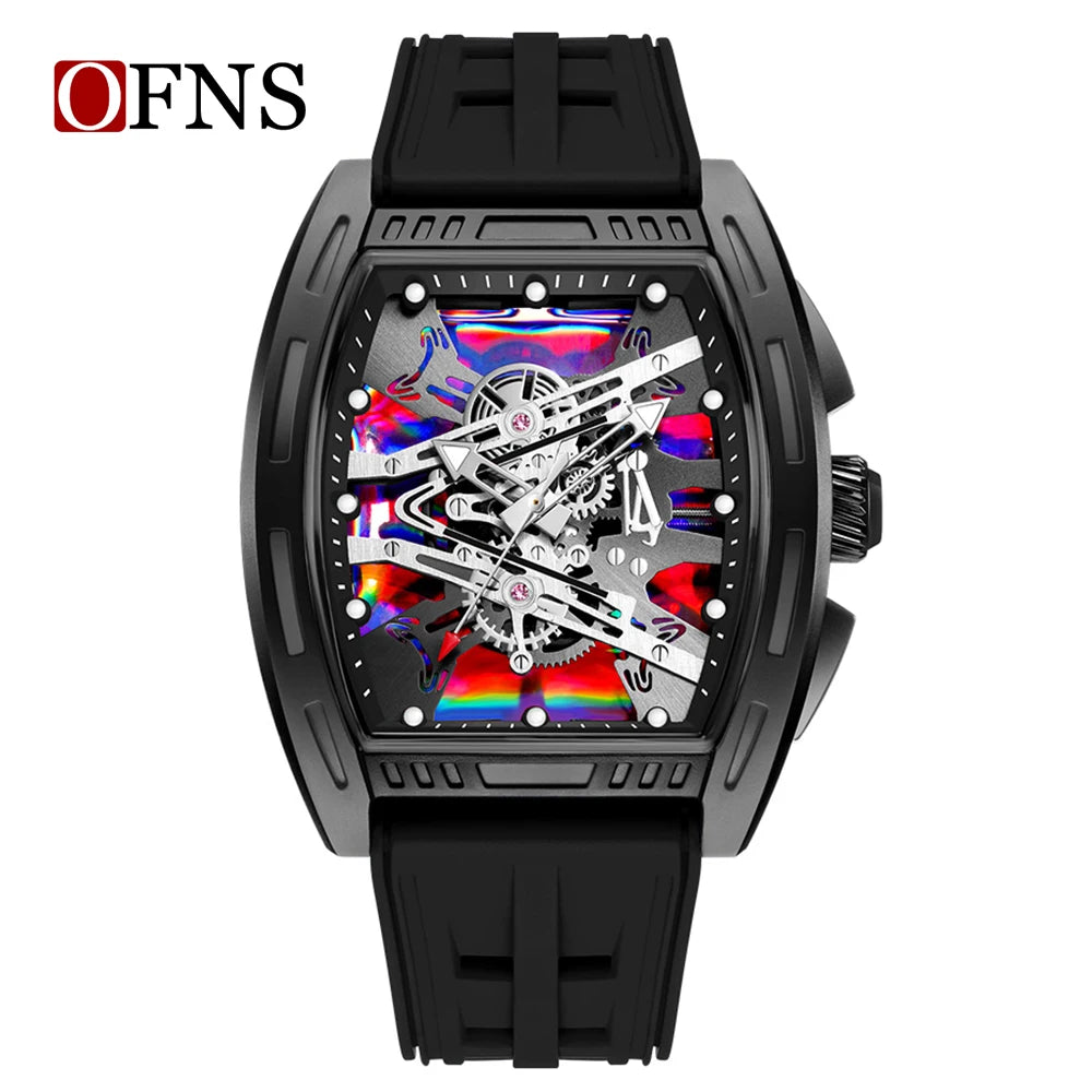 A black luxury wine barrel quartz watch with a detailed mechanical movement visible through the crystal.