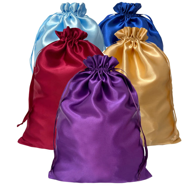 A collection of satin drawstring storage bags in various colors including blue, red, purple, and gold.
