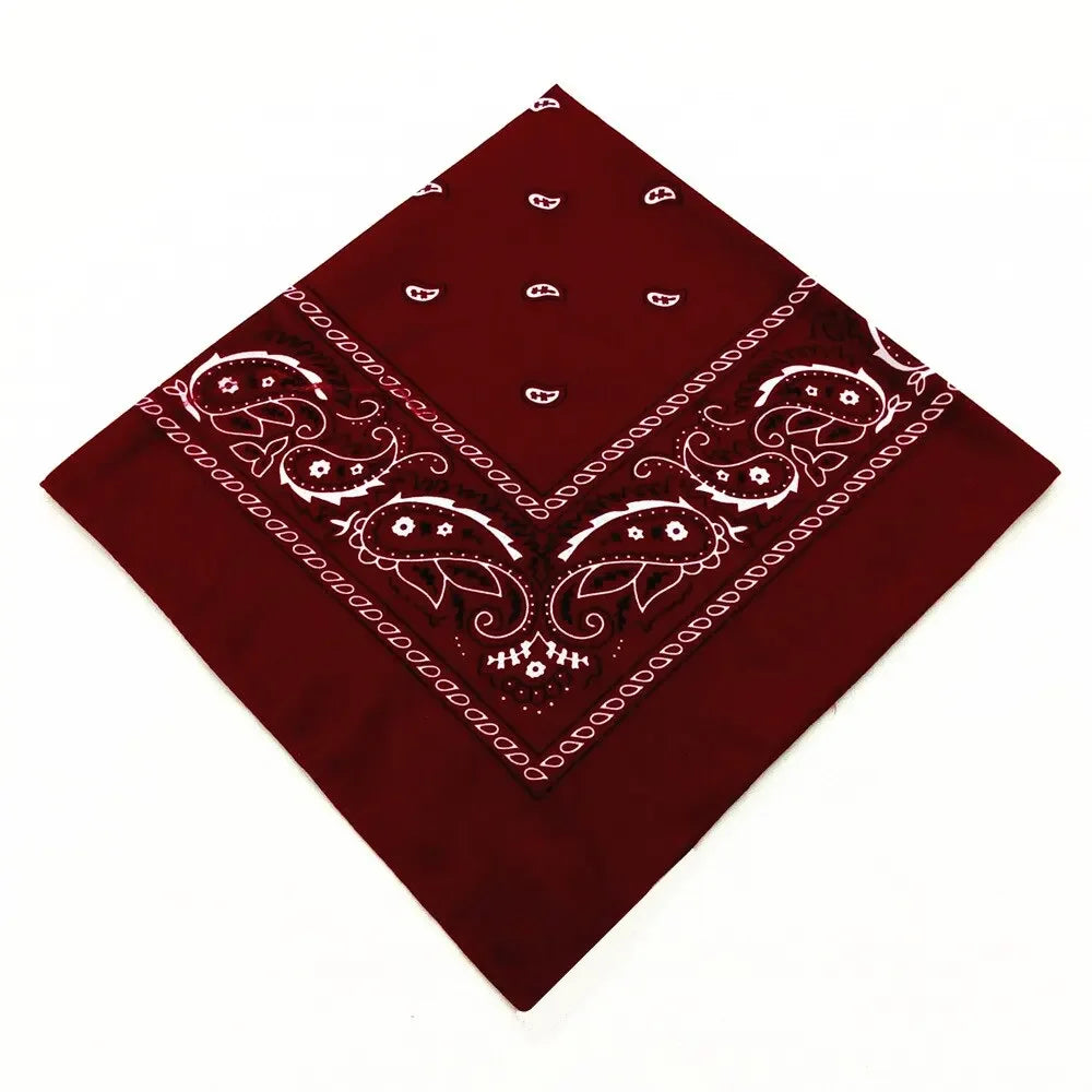A maroon bandana featuring white paisley and floral embroidery print.