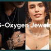 Close-up shots of women wearing G-Oxygen Jewelry including necklaces and an anklet set.