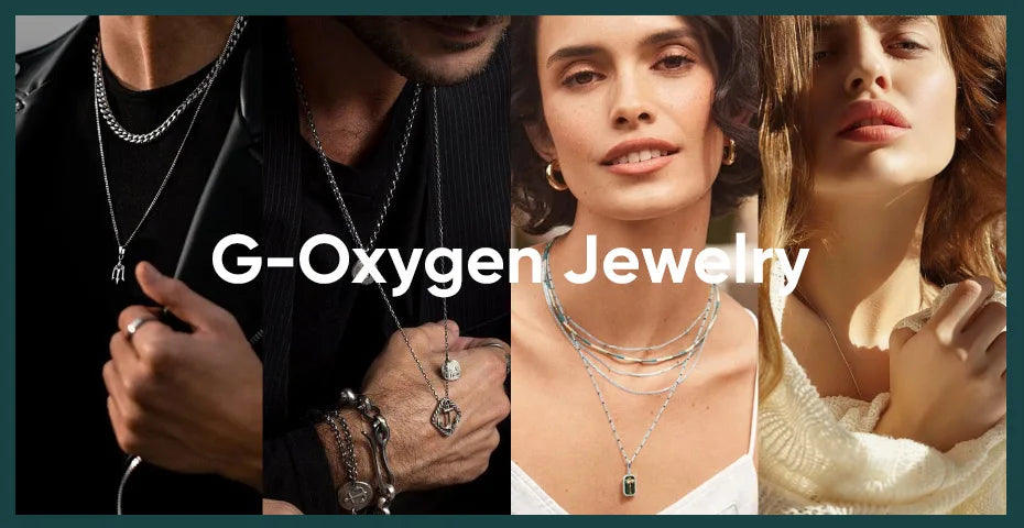 Close-up shots of women wearing G-Oxygen Jewelry including necklaces and an anklet set.