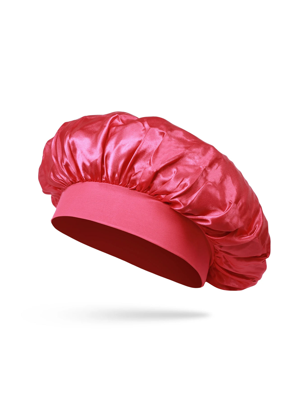 Bonnet pour cheveux en satin de soie rouge vif, vue de côté.