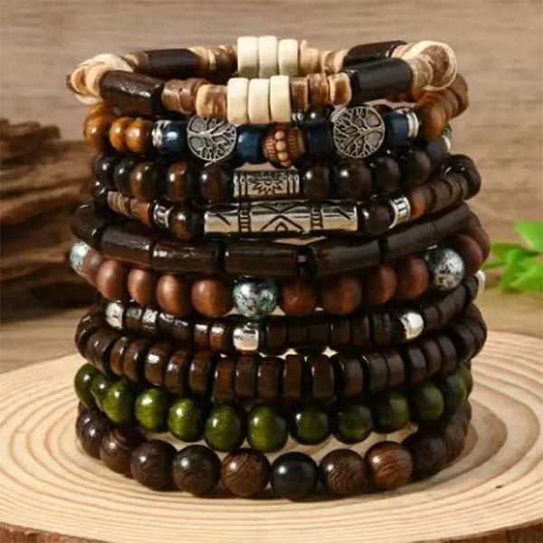 Stack of bohemian wooden beaded bracelets for men in various natural wood and stone colors
