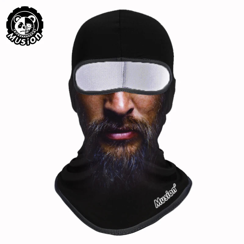 Black full face balaclava helmet liner with a beard and mustache visible.