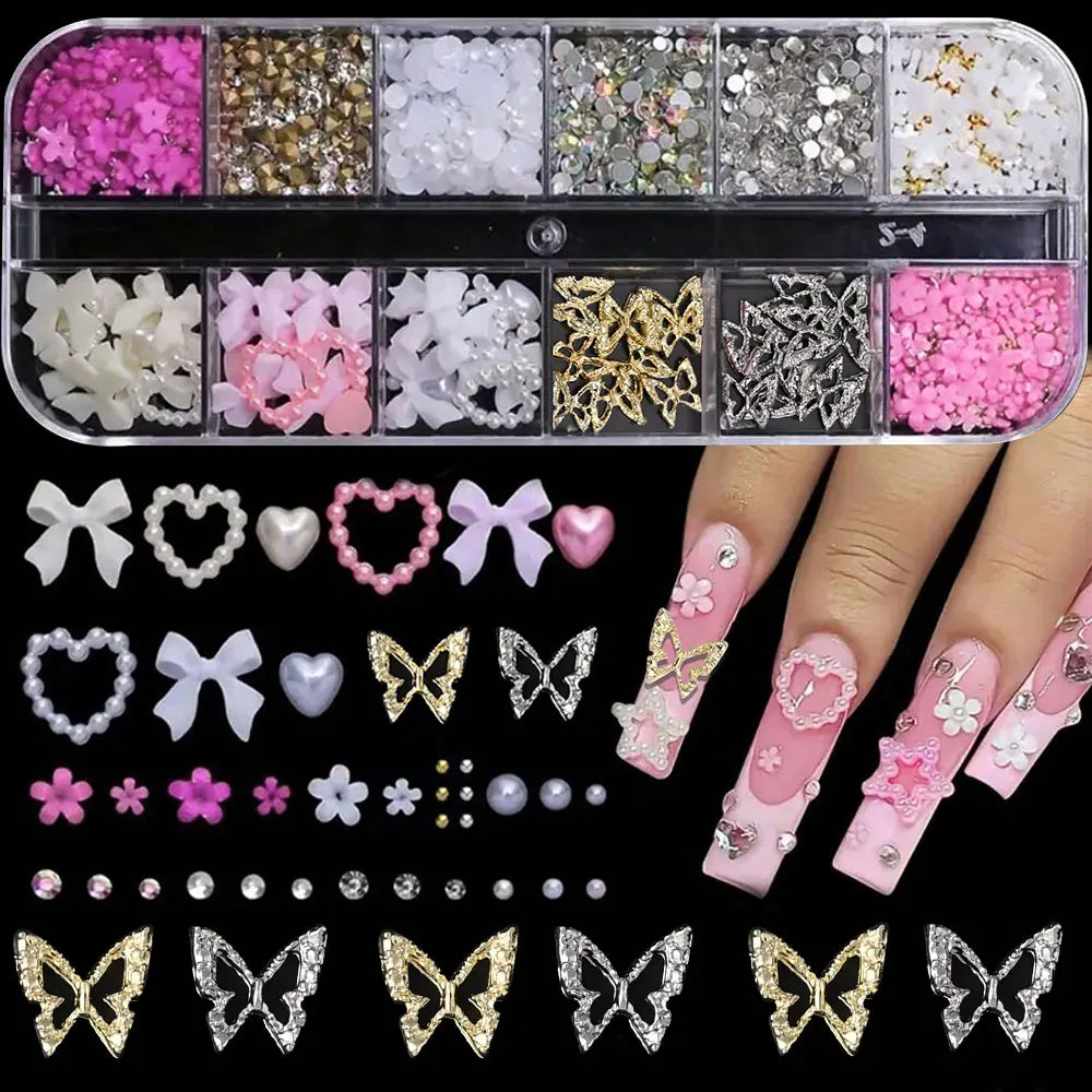 A collection of pink and white butterfly bow nail charms and glitter accents for manicures.