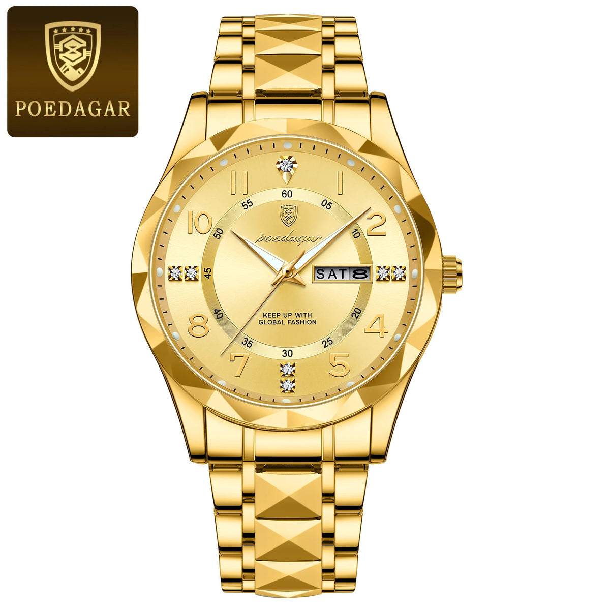A gold-toned men's quartz watch with a luminous dial and a textured metal bracelet.